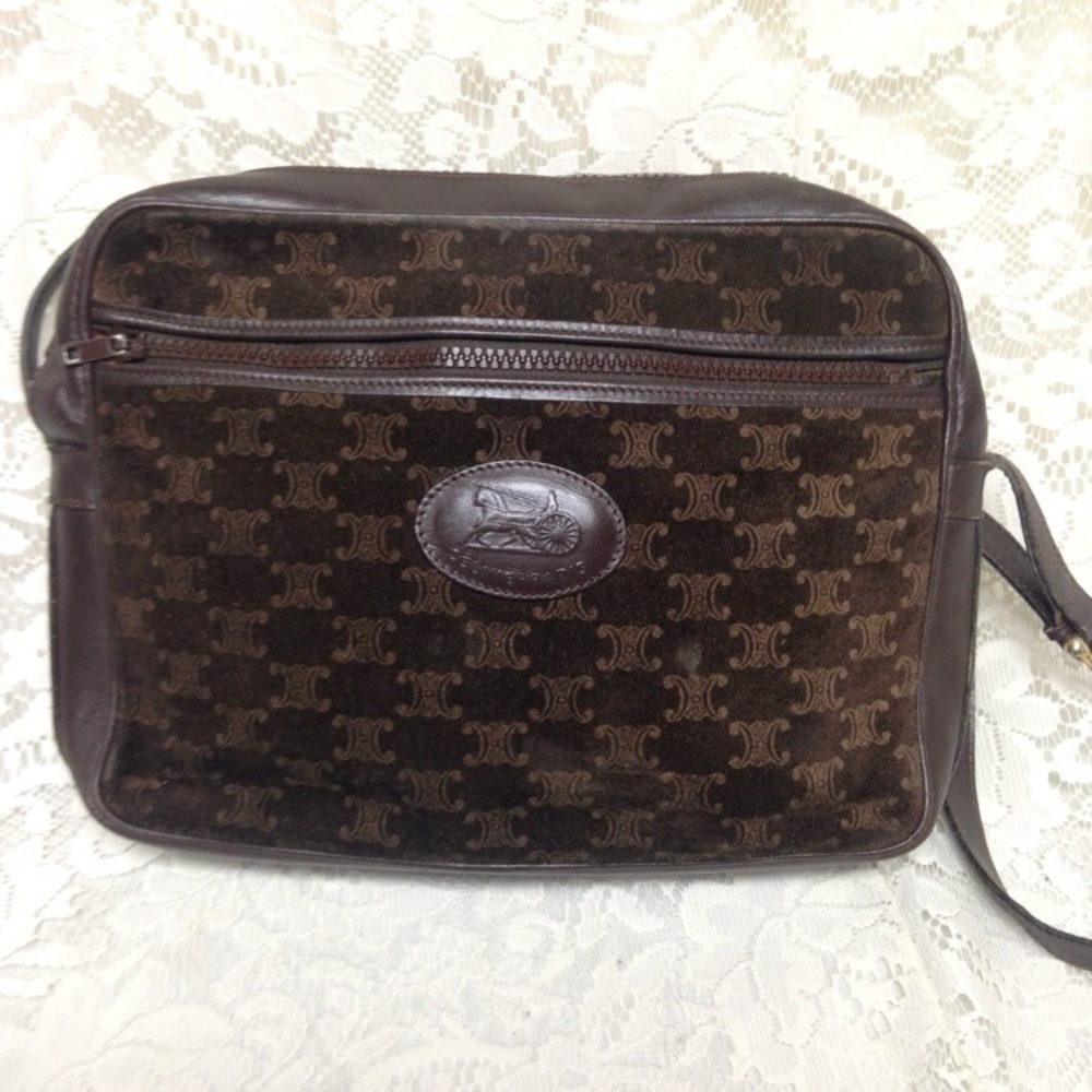 Vintage Celine Brown Suede LeatherHandbag Crossbody 10in x 8in x 2.5in
